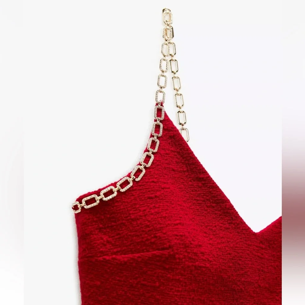 Zara Textured Tweed Boucle Asymmetric Chain Trim Mini Dress Red Gold Chain Sz L - Picture 5 of 17